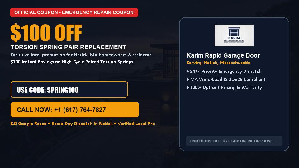 $100 OFF Dual High-Cycle Torsion Spring Replacement in Natick, MA - Karim Rapid Garage Door